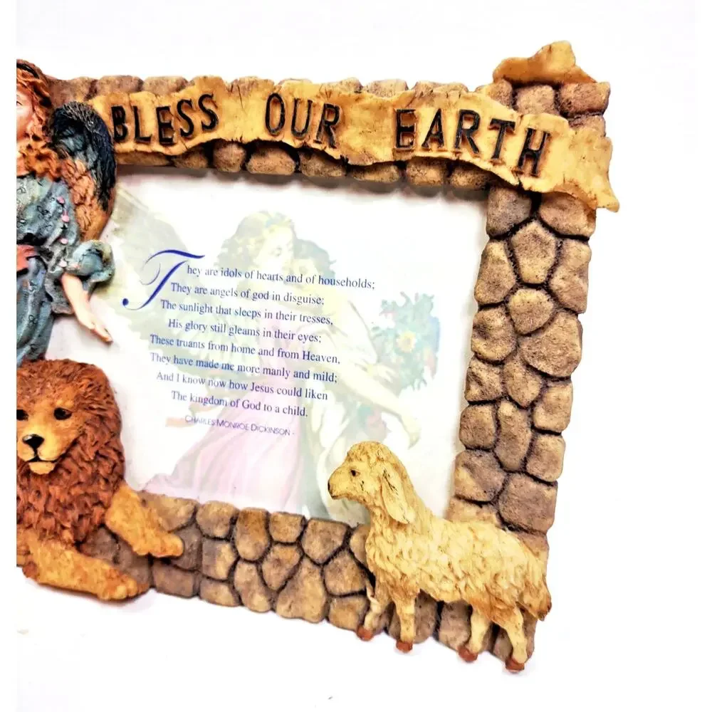Vintage Holiday Frame Angel Sheep and Lion Bless Our Earth Poem 3-D Carved Resin